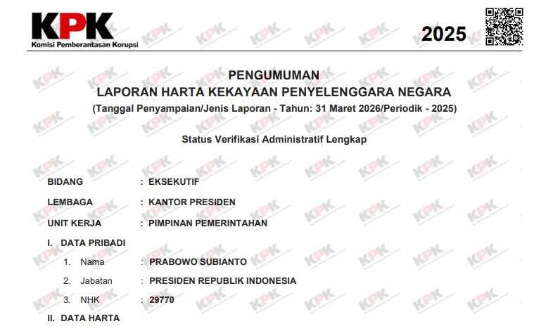 KPK Rilis LHKPN Terbaru Presiden Prabowo, Total Harta Kekayaan Rp 2 Triliun